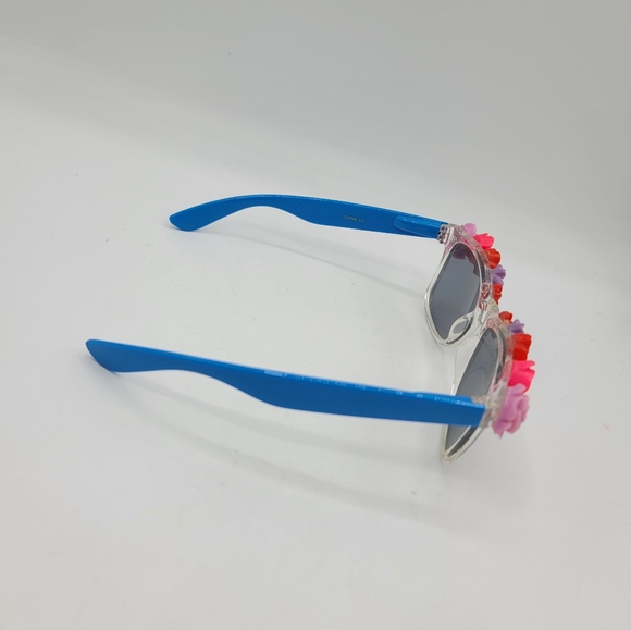 Floral Embellished Sunglasses, Blue Arms, Trendy Festival Wear - Picture 3 of 5